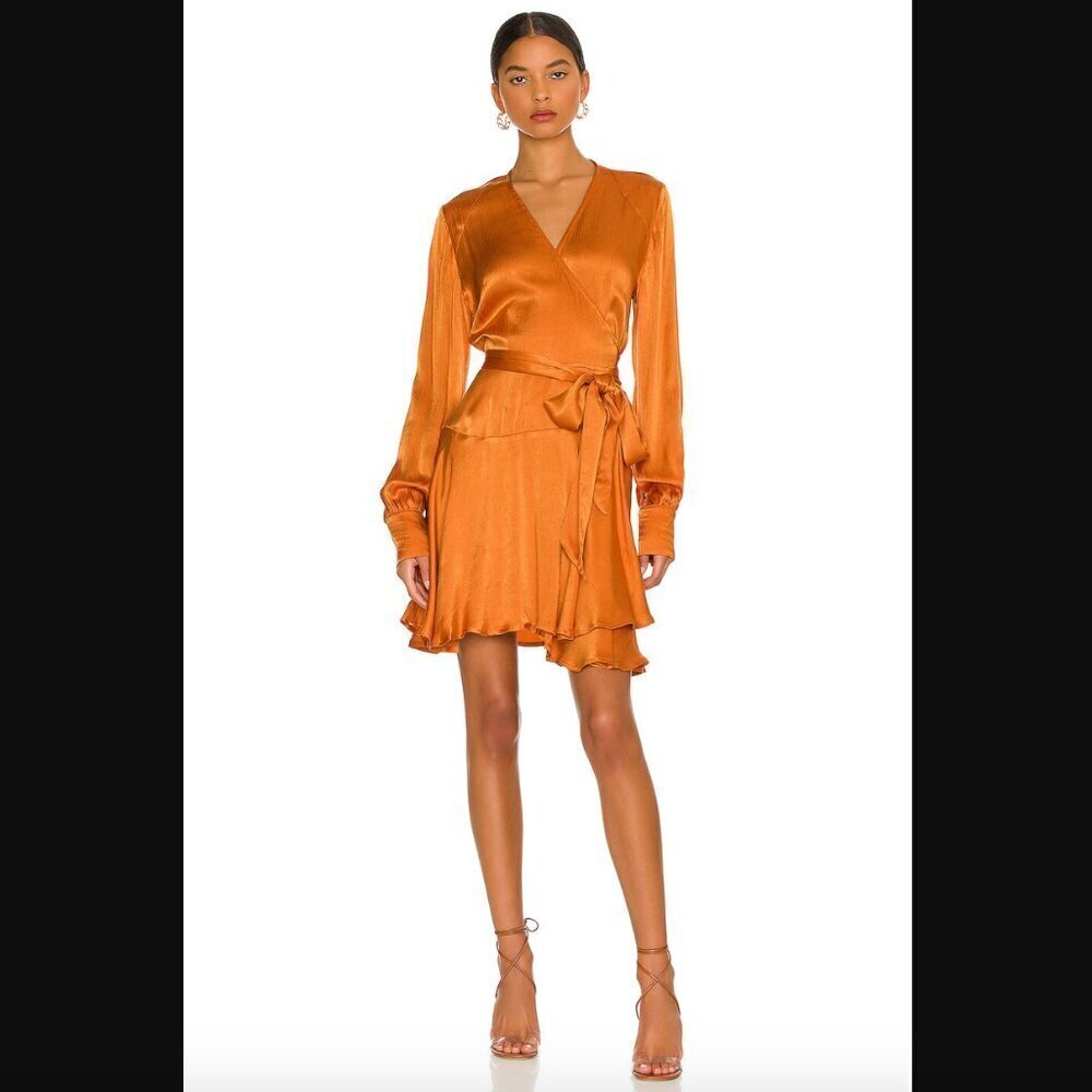 Karina Grimaldi Penelope Safran Copper Orange Satin Solid Mini Wrap Dress Xs Nwt
